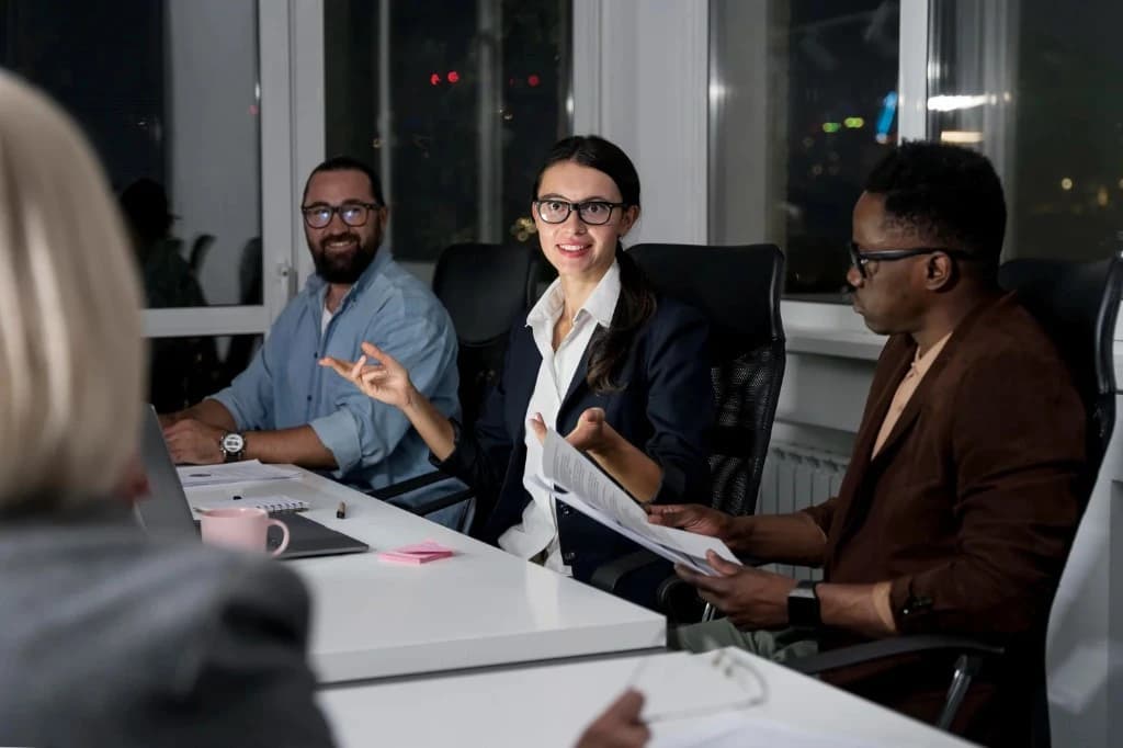 Colleagues reviewing documents around a conference table